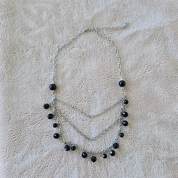 Three Layer Silvertone Black Bead Choker Necklace - Picture 4 of 6